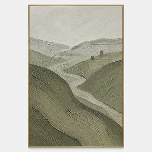 Hand-painted landscape wall art with olive hills, a winding road, and two trees.