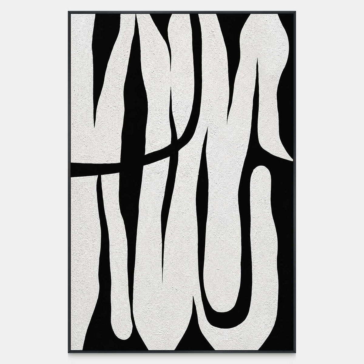 Tall white curves taper across black space, crossed by a dark arc with fine grain.