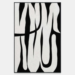 Tall white curves taper across black space, crossed by a dark arc with fine grain.