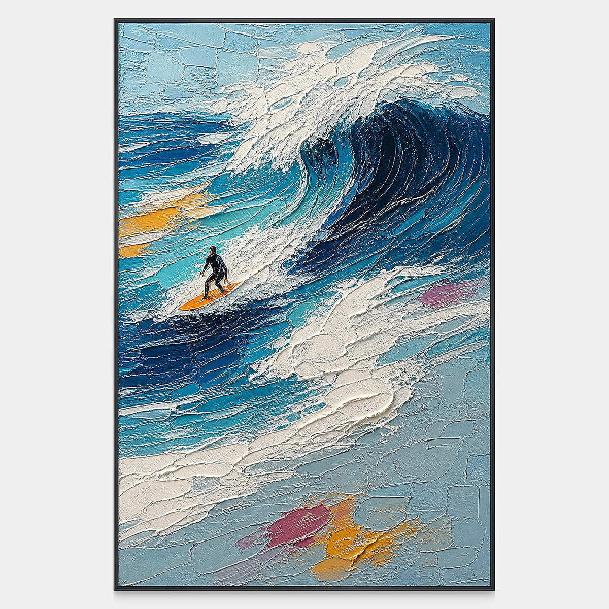 Hand-painted vertical surfing wall art with a lone rider beneath a navy and turquoise wave.