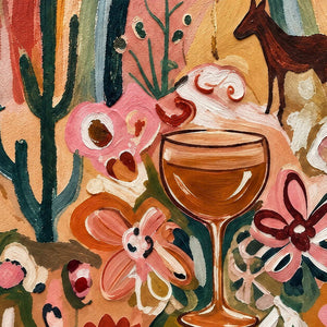 Close-up of Under the Rainbow showing painted pink flowers, dark green cactus stems, a stemmed glass and part of a small horse.