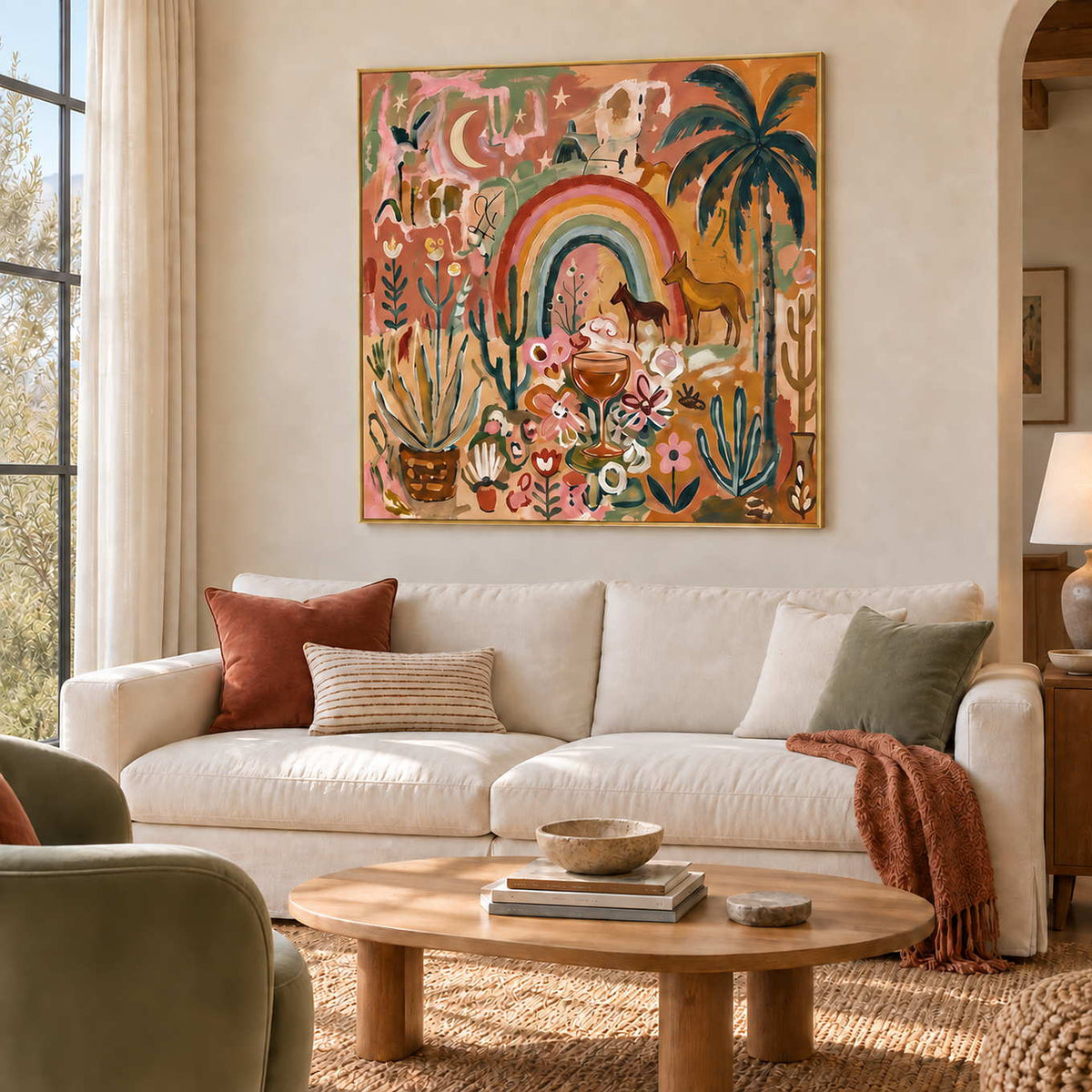 Under the Rainbow in a gold frame above a cream sofa with rust and green cushions beside a wood coffee table.