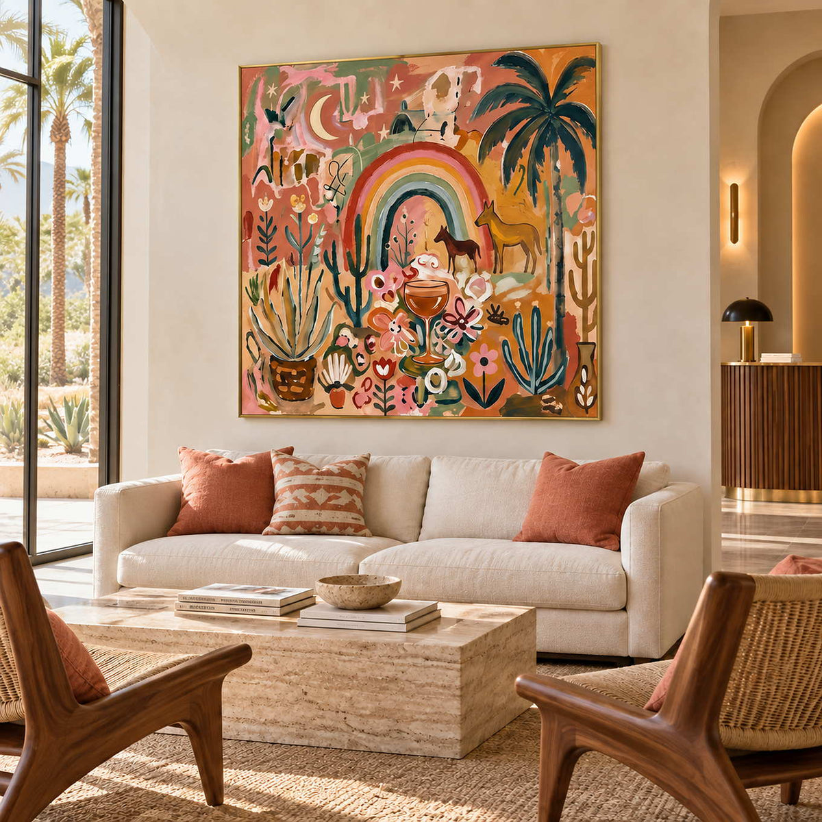 Under the Rainbow in a gold frame above a cream sofa with coral cushions and a stone table in a bright lobby.