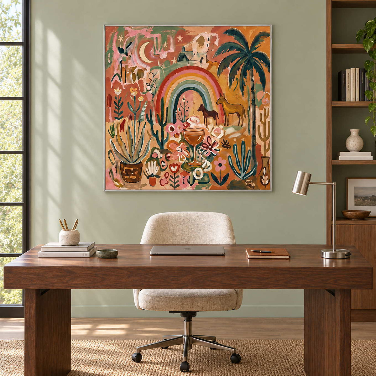 Under the Rainbow in a silver frame above a wood desk and cream swivel chair against a sage wall.