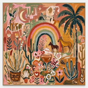 Front view of Under the Rainbow, with a colorful arch, flowers, cacti, a palm, small horses, a crescent moon and stars.