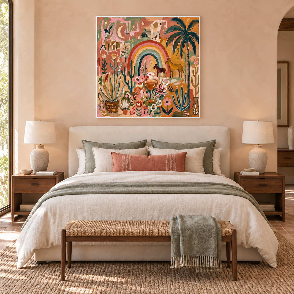 Under the Rainbow in a white frame above a cream bed with sage and coral textiles against a peach wall.