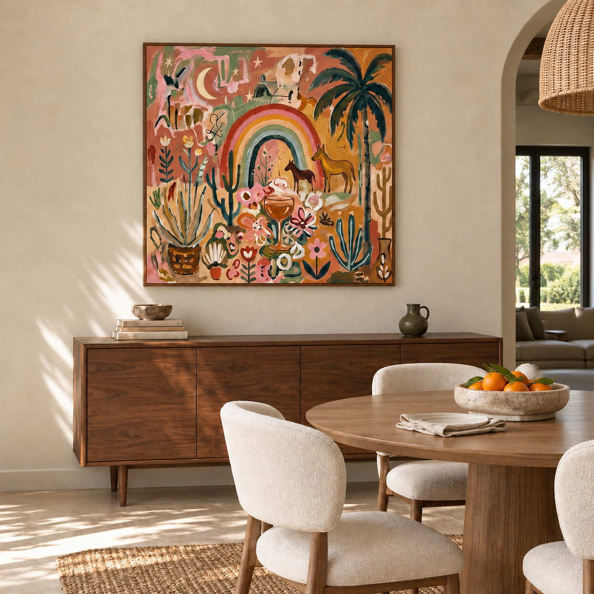 Under the Rainbow in a wood frame above a sideboard beside a round dining table and curved cream chairs.