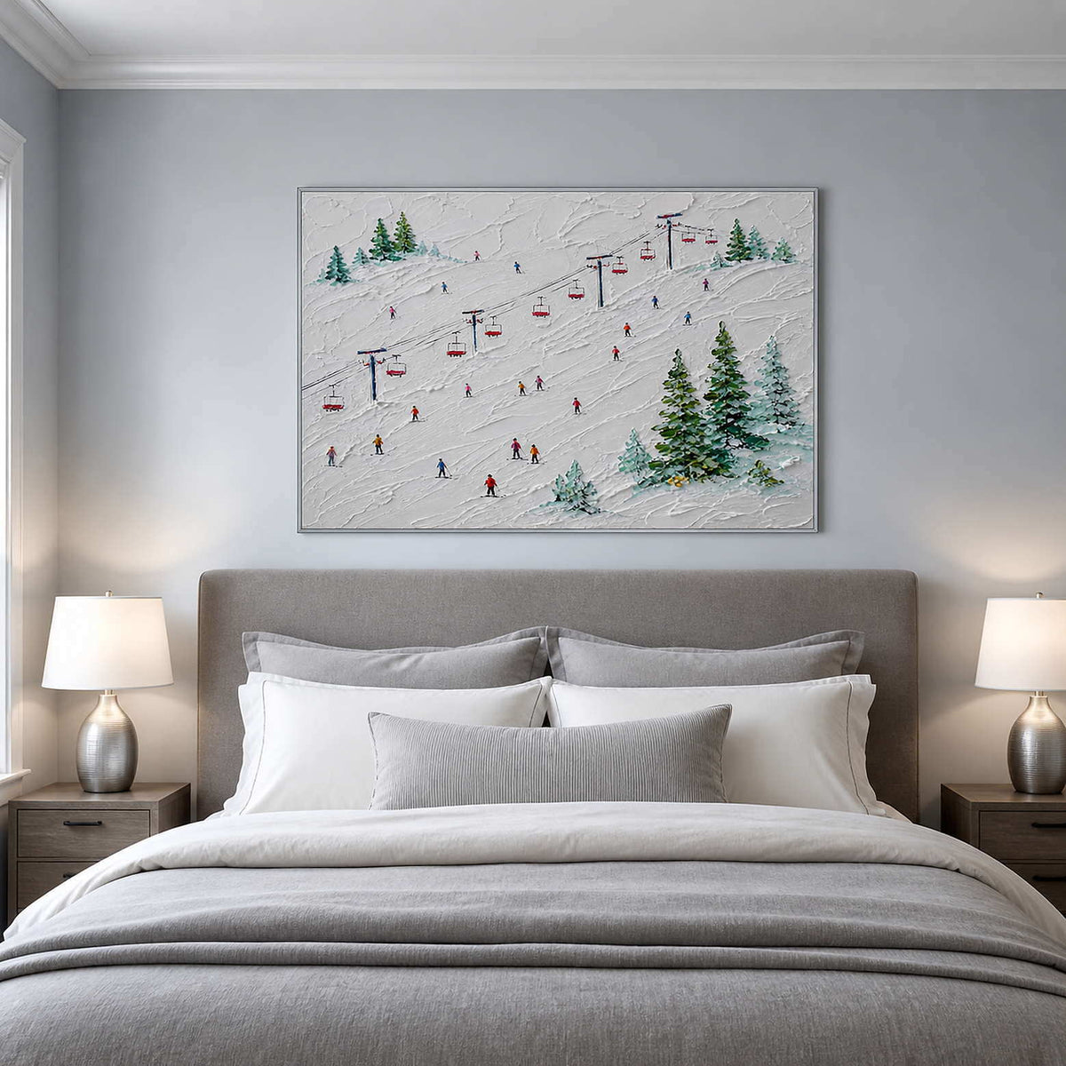Bright textured ski scene displayed above a cool neutral bed.