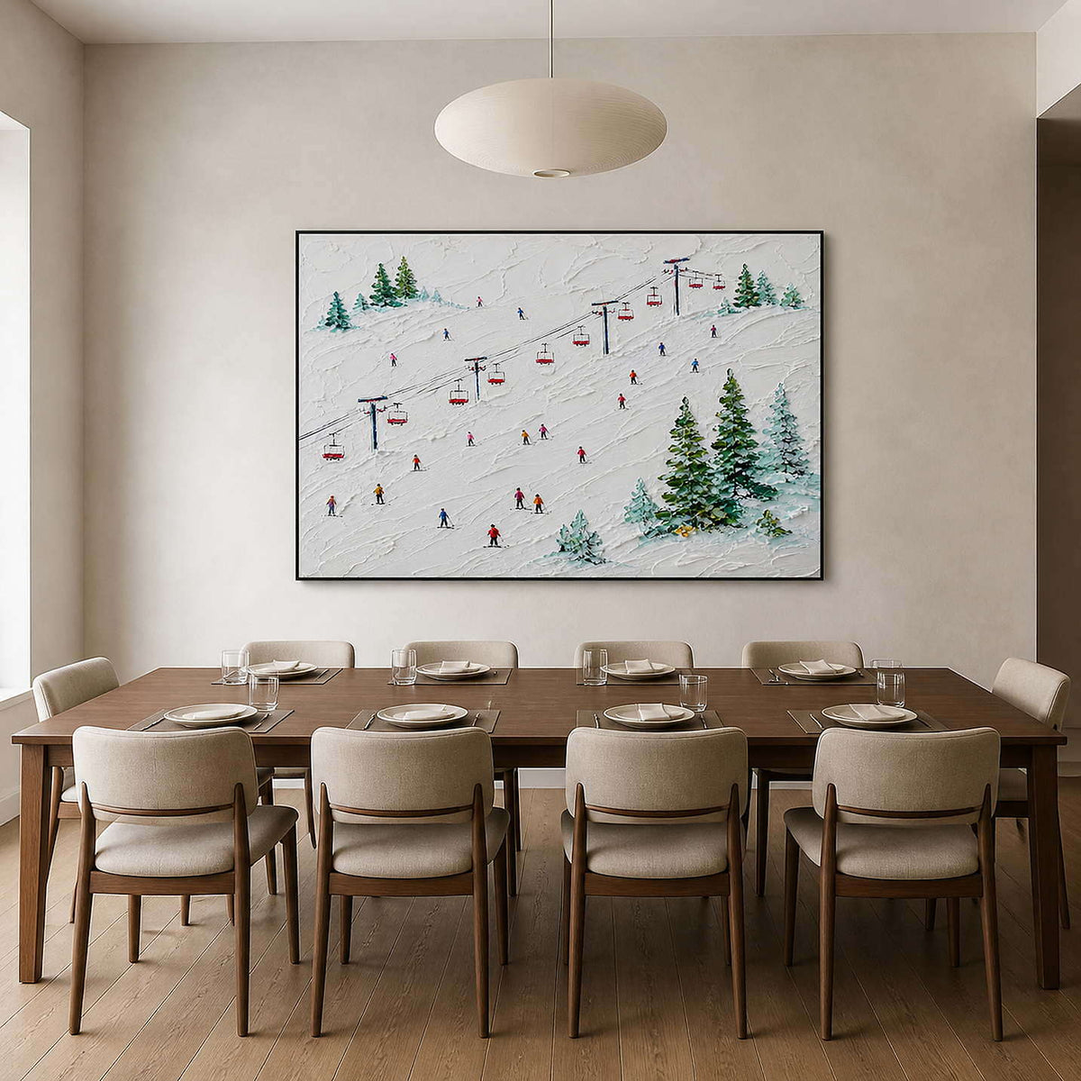 Snowy alpine wall art above a large walnut dining table.