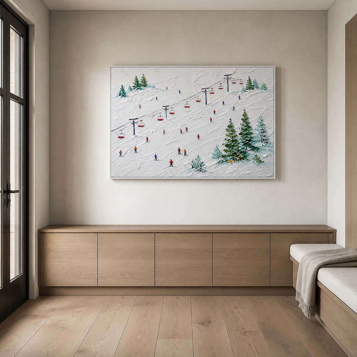 Chairlift and skier artwork in a light oak ski home entryway.