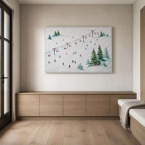 Chairlift and skier artwork in a light oak ski home entryway.