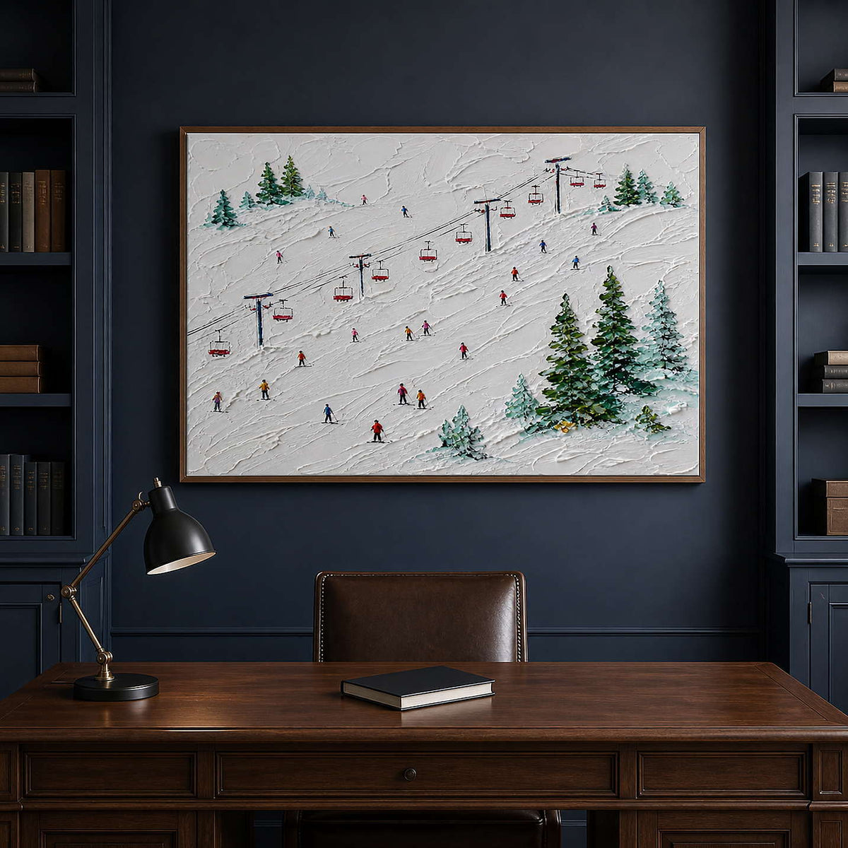 Winter ski wall art bringing bright contrast to a navy private office.
