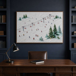 Winter ski wall art bringing bright contrast to a navy private office.