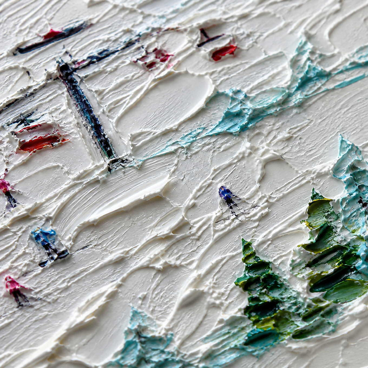 Close-up of raised snow, red chairlifts, skiers, and evergreen paint texture.