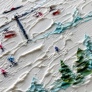 Close-up of raised snow, red chairlifts, skiers, and evergreen paint texture.
