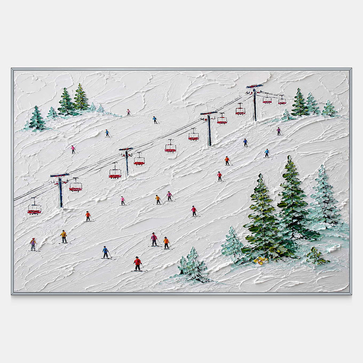 Hand-painted snowy ski slope with red chairlifts, colorful skiers, and evergreen trees.