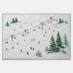 Hand-painted snowy ski slope with red chairlifts, colorful skiers, and evergreen trees.