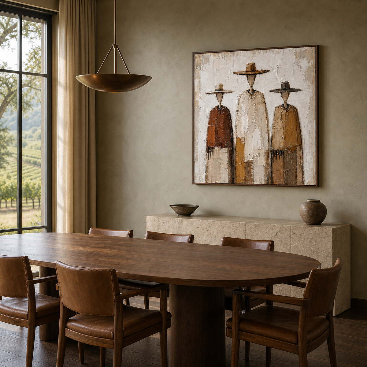 Warm textured western wall art styled in a refined winery dining room.