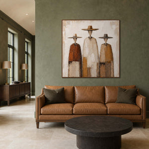 Warm western wall art styled in an elegant equestrian club reception.
