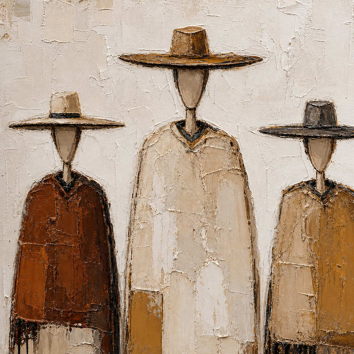 Close-up of raised ivory, rust, and ochre palette-knife figures.