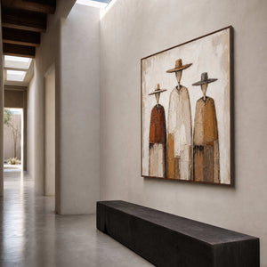 Textured western figures displayed along a serene gallery hallway.