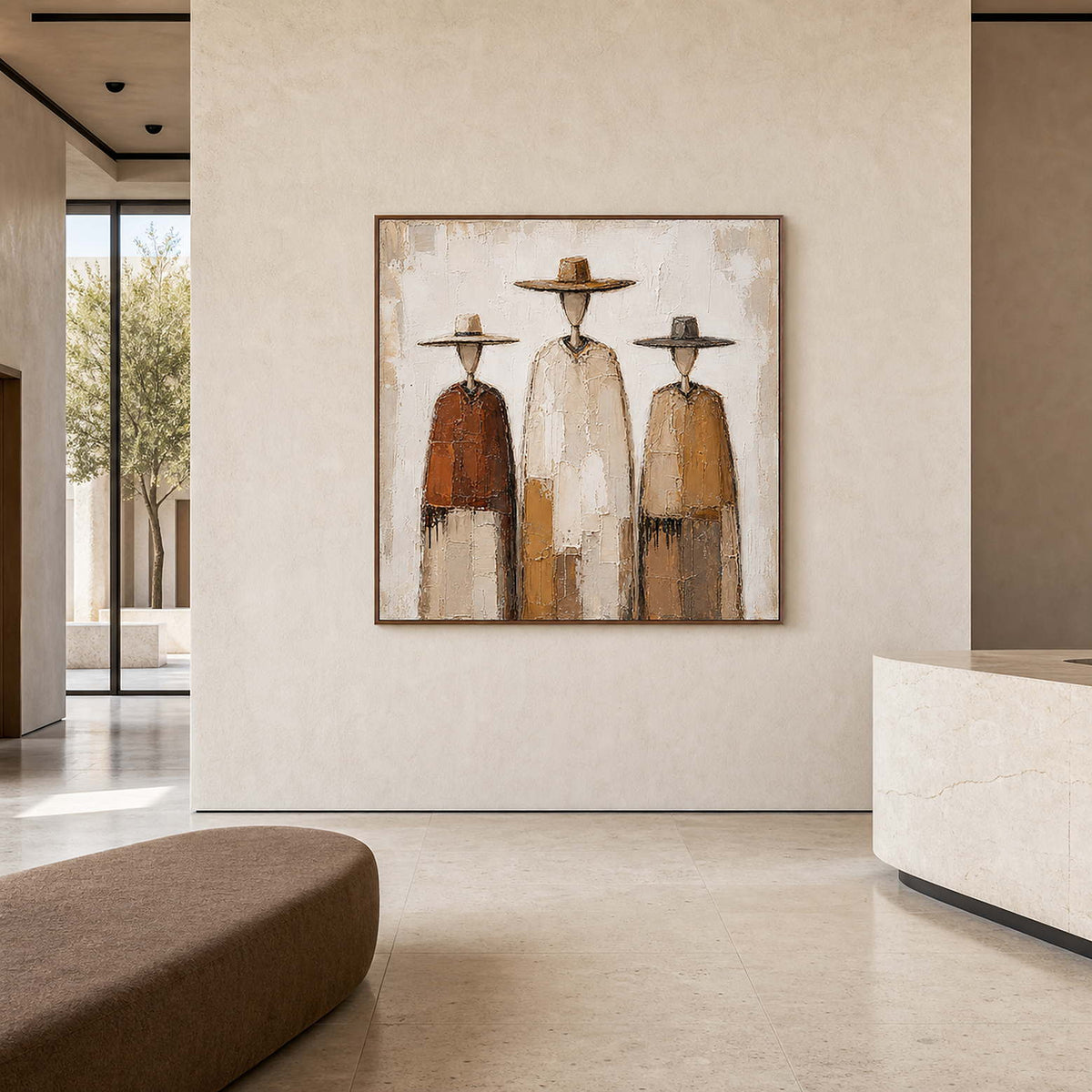 Square western figure painting displayed in a modern museum lobby.
