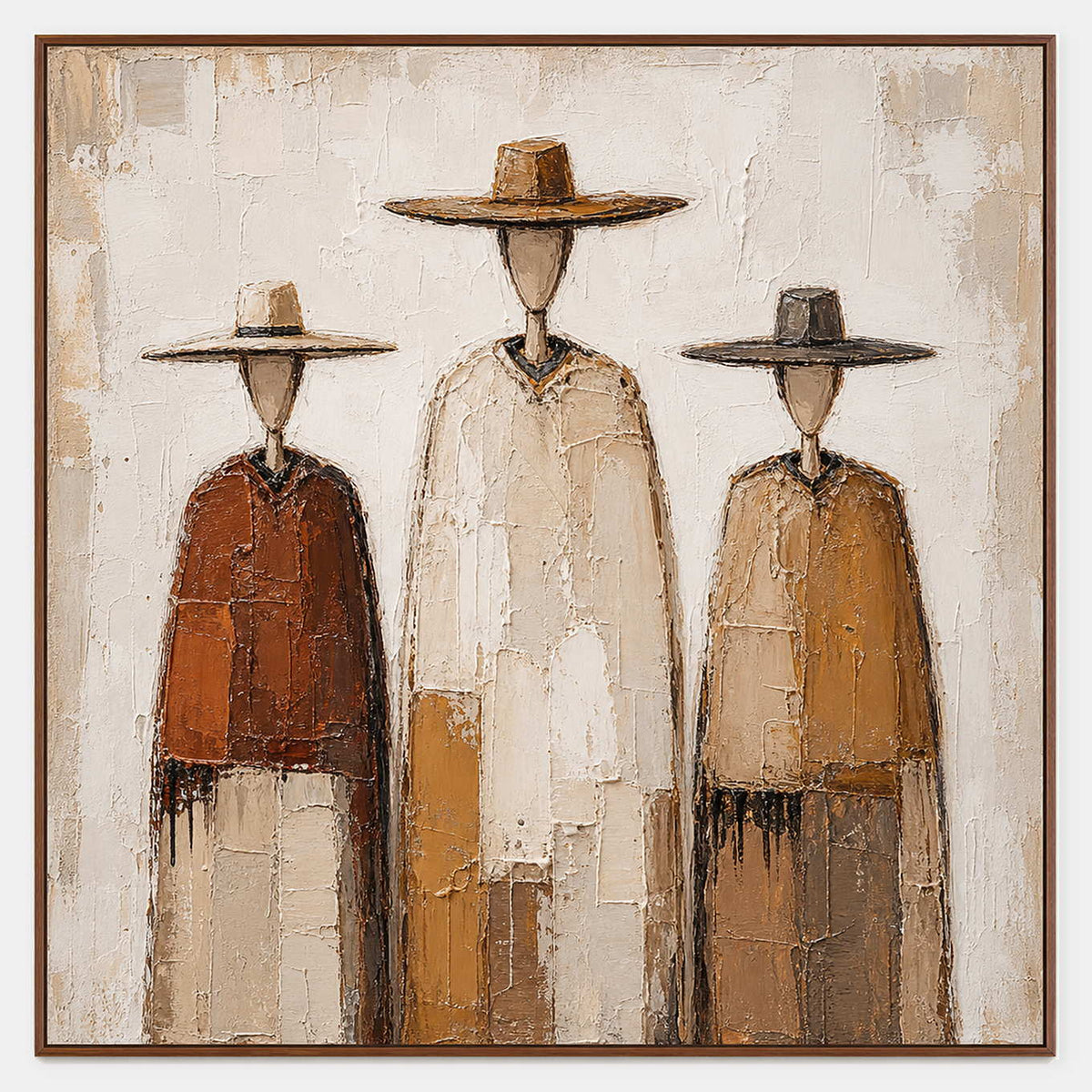 Hand-painted western figures in rust, sand, and ivory palette-knife texture.