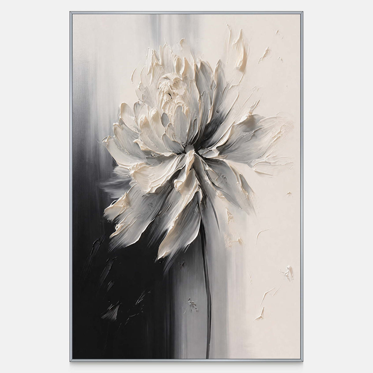 Unfolding Grace artwork with raised ivory petals and a slender dark stem.
