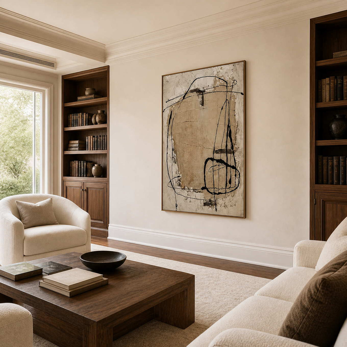 Wood-framed abstract wall art displayed beside bookcases in a relaxed library lounge.
