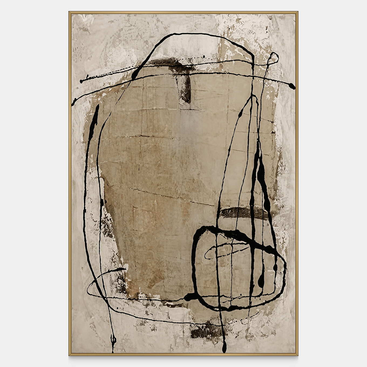 Vertical abstract wall art with black loops over sand and weathered cream.