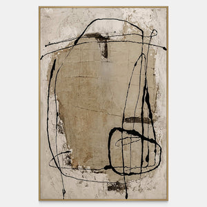 Vertical abstract wall art with black loops over sand and weathered cream.