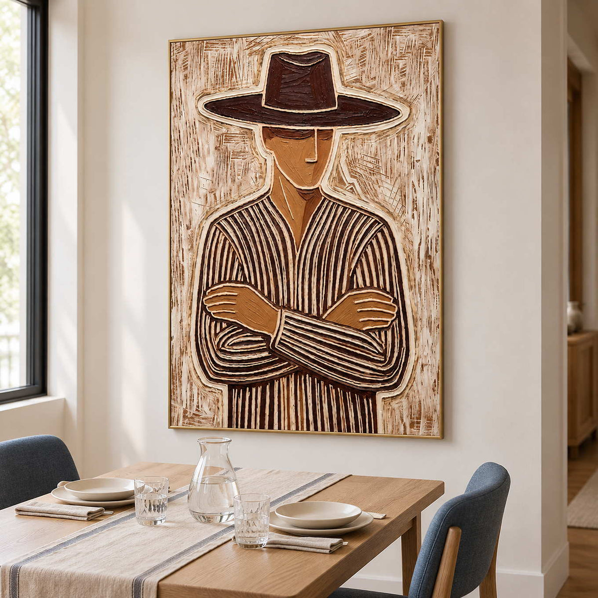 Brown striped portrait beside a wooden dining table with blue chairs and a glass carafe.