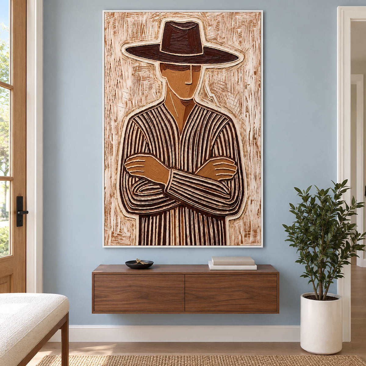 Striped figure painting above a floating wooden cabinet beside a tall potted plant.