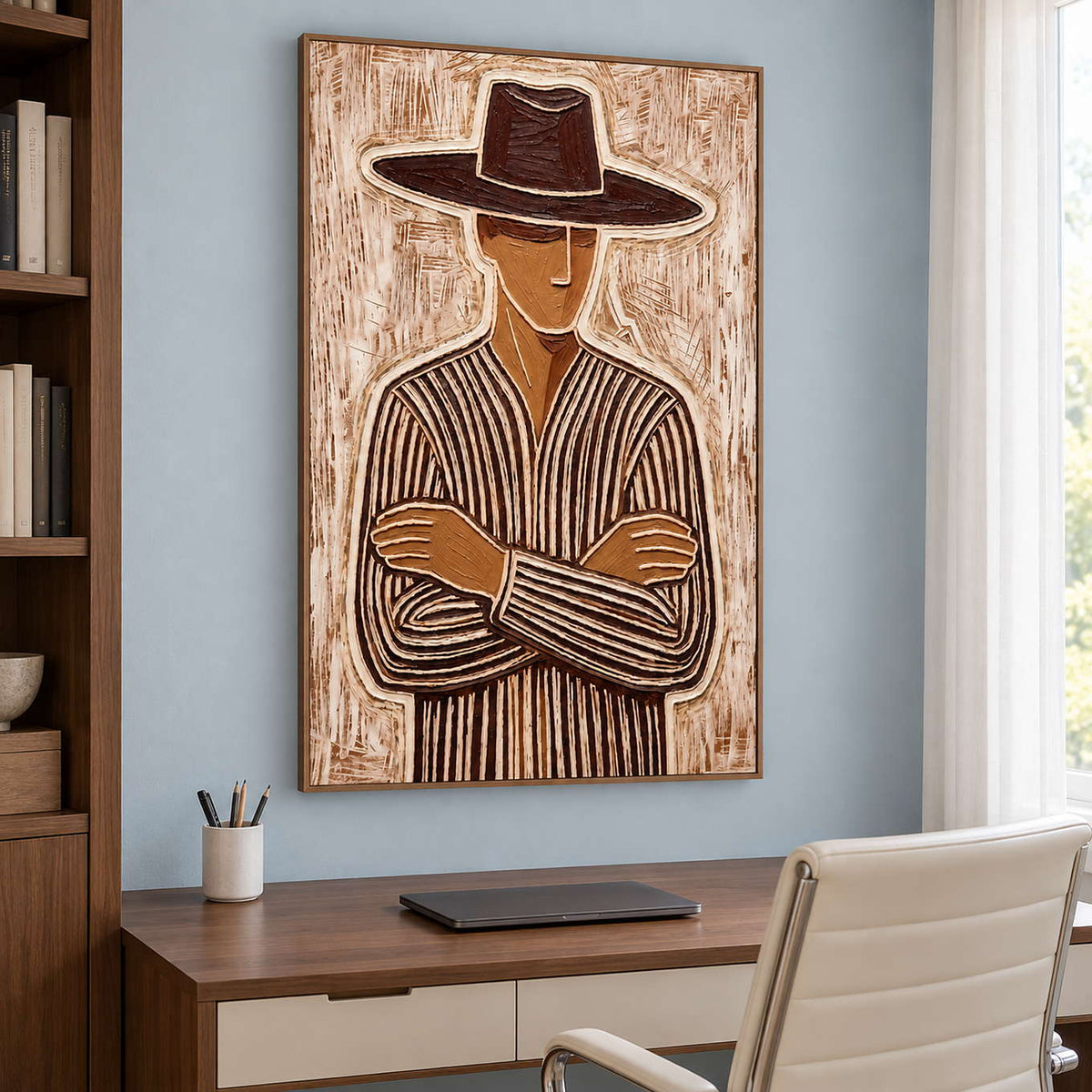 Brown-hat artwork above a wooden desk with a white office chair on a blue wall.