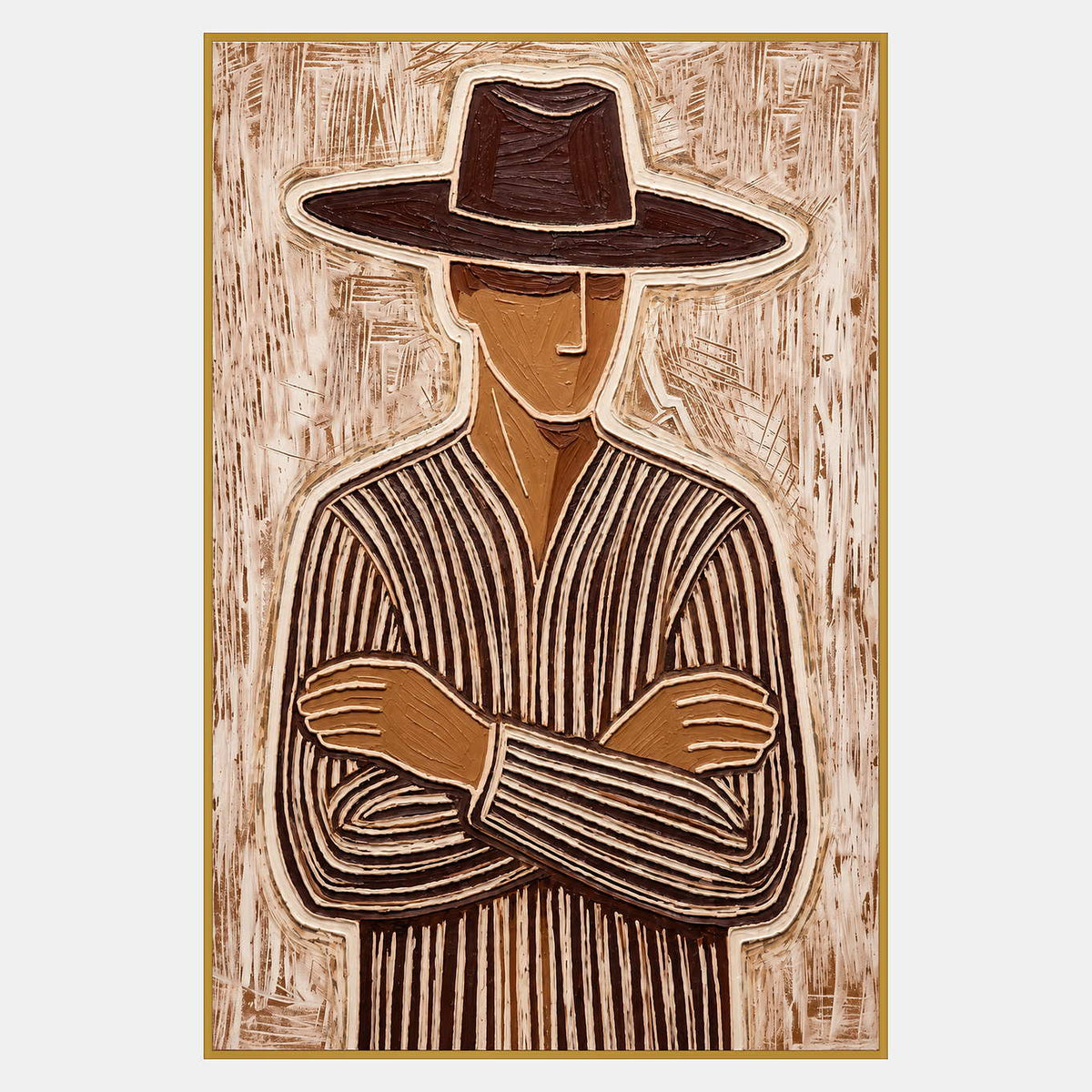 Tall brown-and-cream portrait of a broad-hatted figure with crossed arms and outlined fingers on a scratched background.
