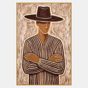 Tall brown-and-cream portrait of a broad-hatted figure with crossed arms and outlined fingers on a scratched background.