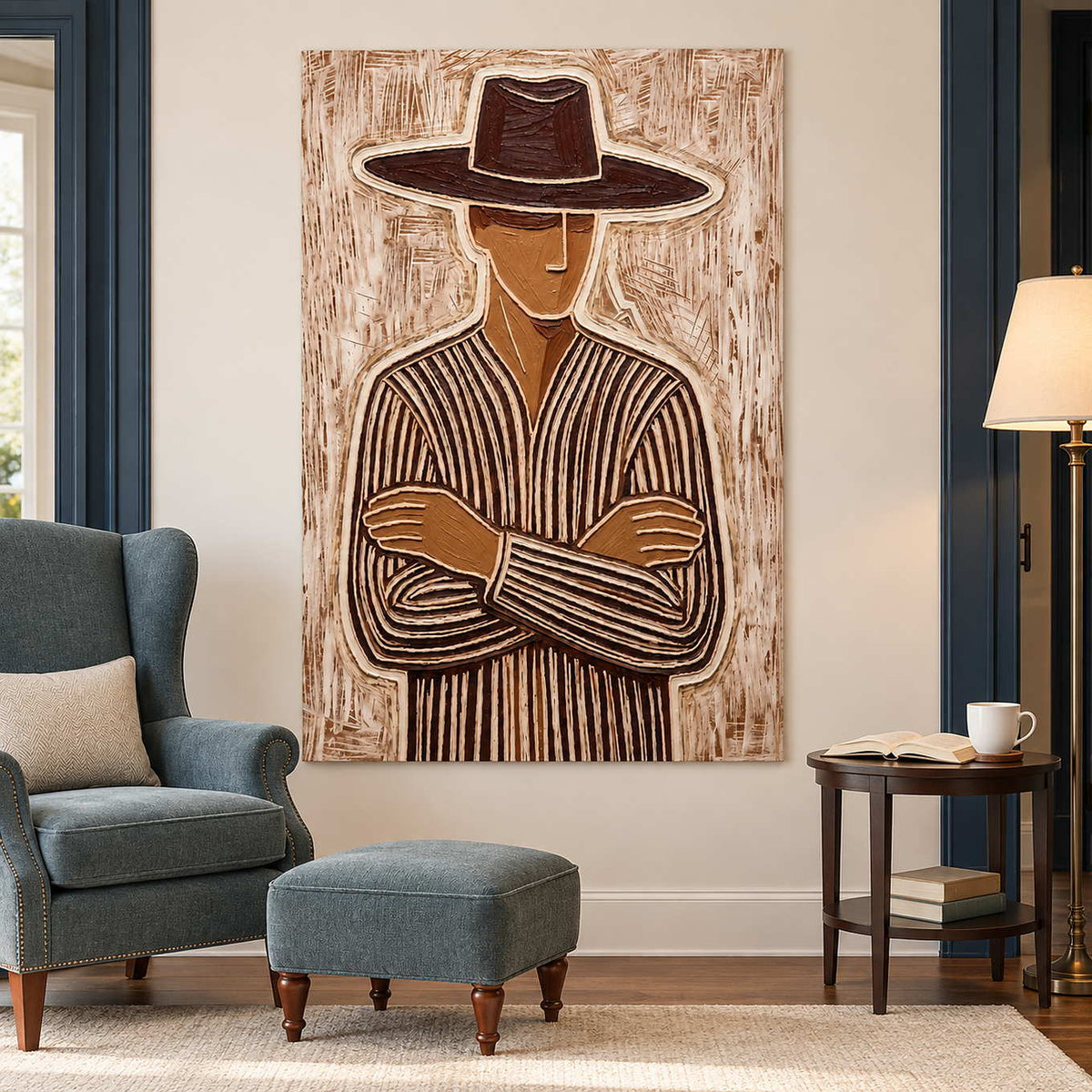 Crossed-arm portrait beside a blue-green wingback chair, ottoman, and standing lamp.
