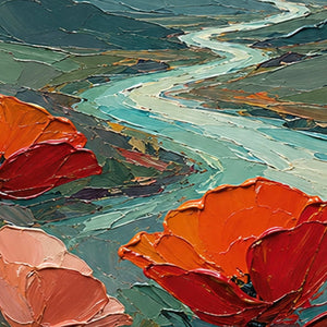 Close-up of raised hand-painted texture in green, warm tones, and blue.