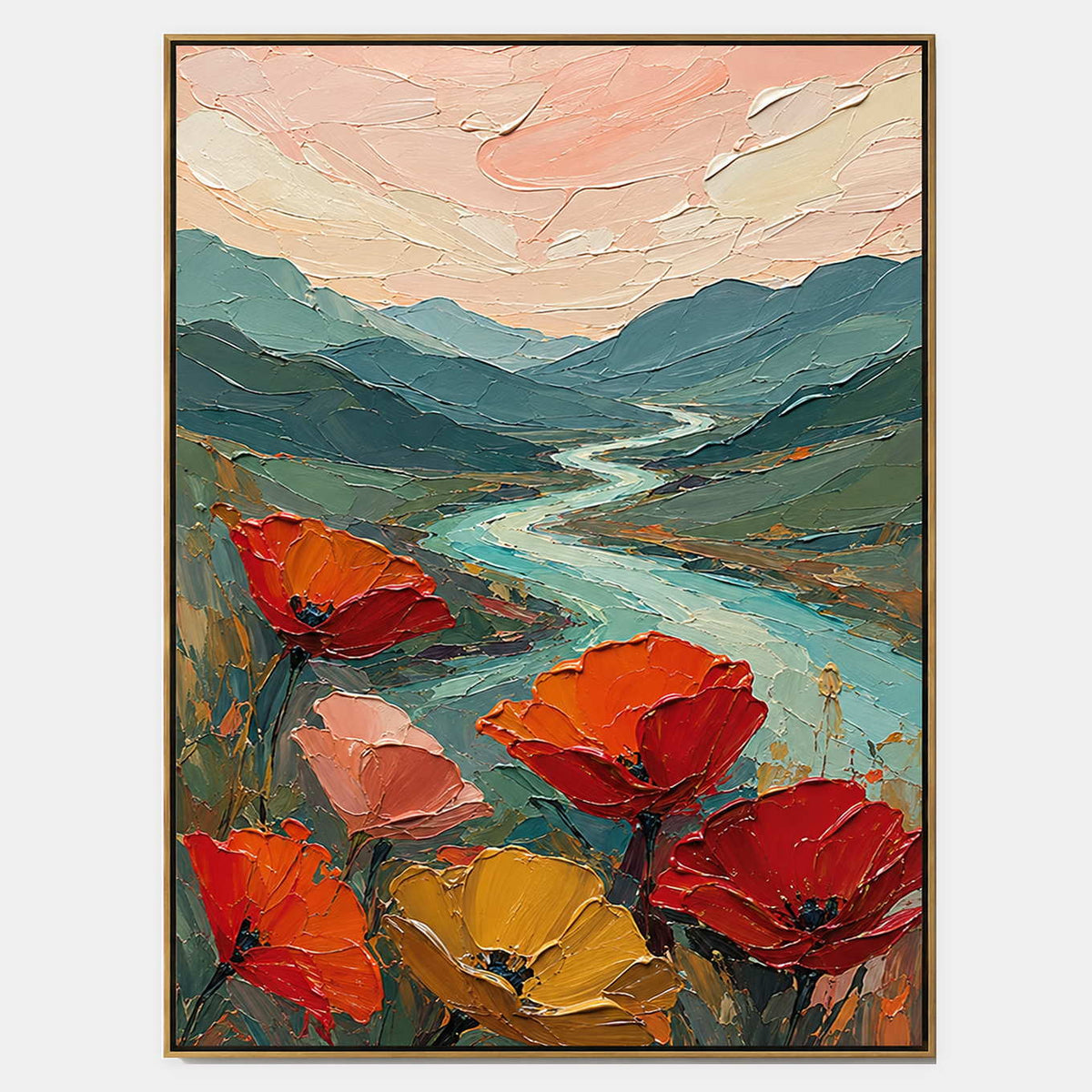 Hand-painted textured landscape wall art with green, warm tones, and blue tones.