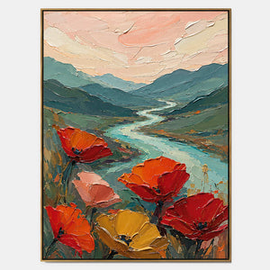 Hand-painted textured landscape wall art with green, warm tones, and blue tones.