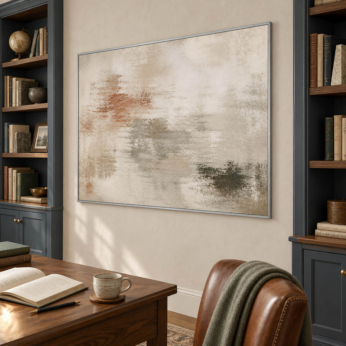 Neutral abstract painting with ivory, taupe, clay, and olive layered marks in a silver frame in a reading room.