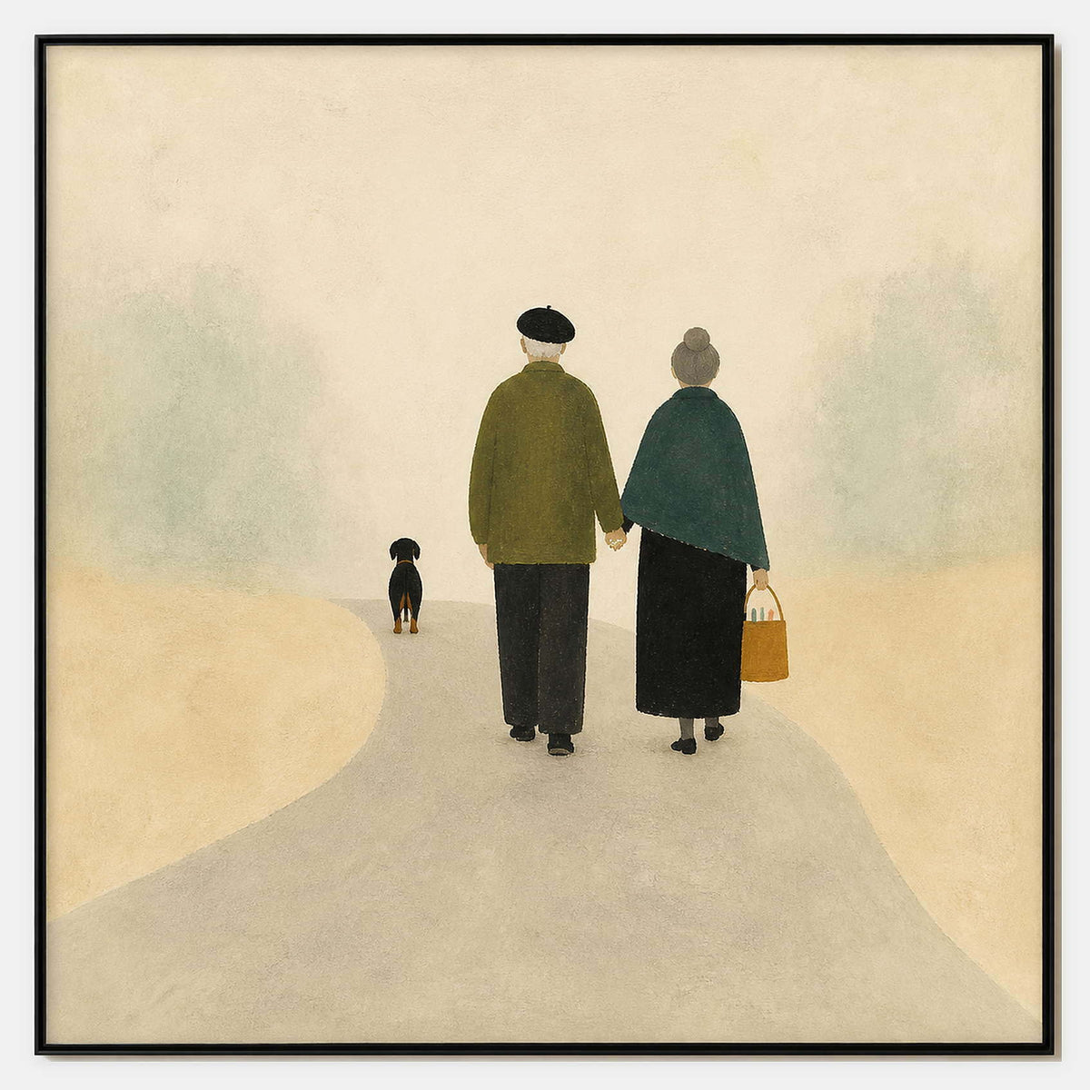 Walking Home: a couple walking away with a small dog on a pale path, shown in a full artwork view.