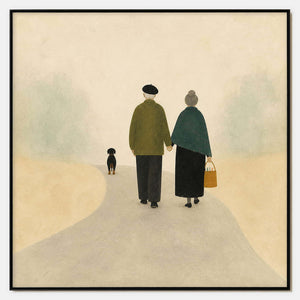 Walking Home: a couple walking away with a small dog on a pale path, shown in a full artwork view.