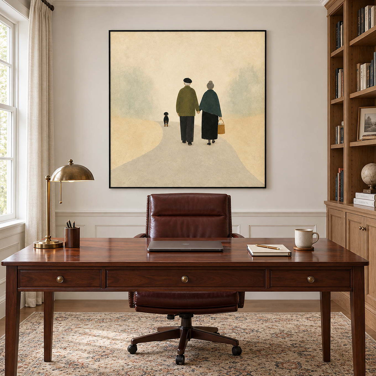 A couple walking away with a small dog on a pale path in a black frame, displayed in a home office.