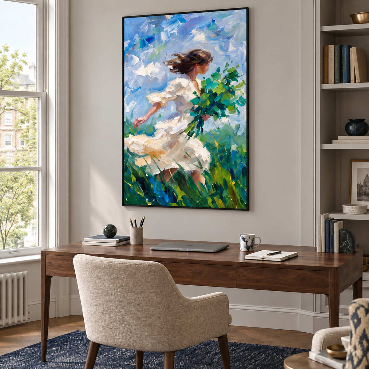 Walking into the Breeze in a black frame above a wood desk and cream chair beside shelves and a bright window.