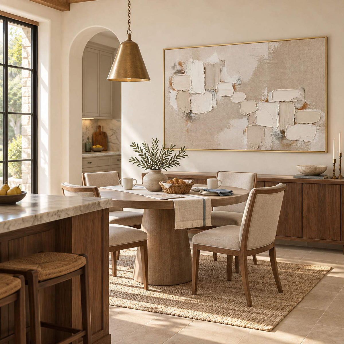 Textured abstract painting with raised ivory and taupe blocks in a gold frame in a breakfast dining area.