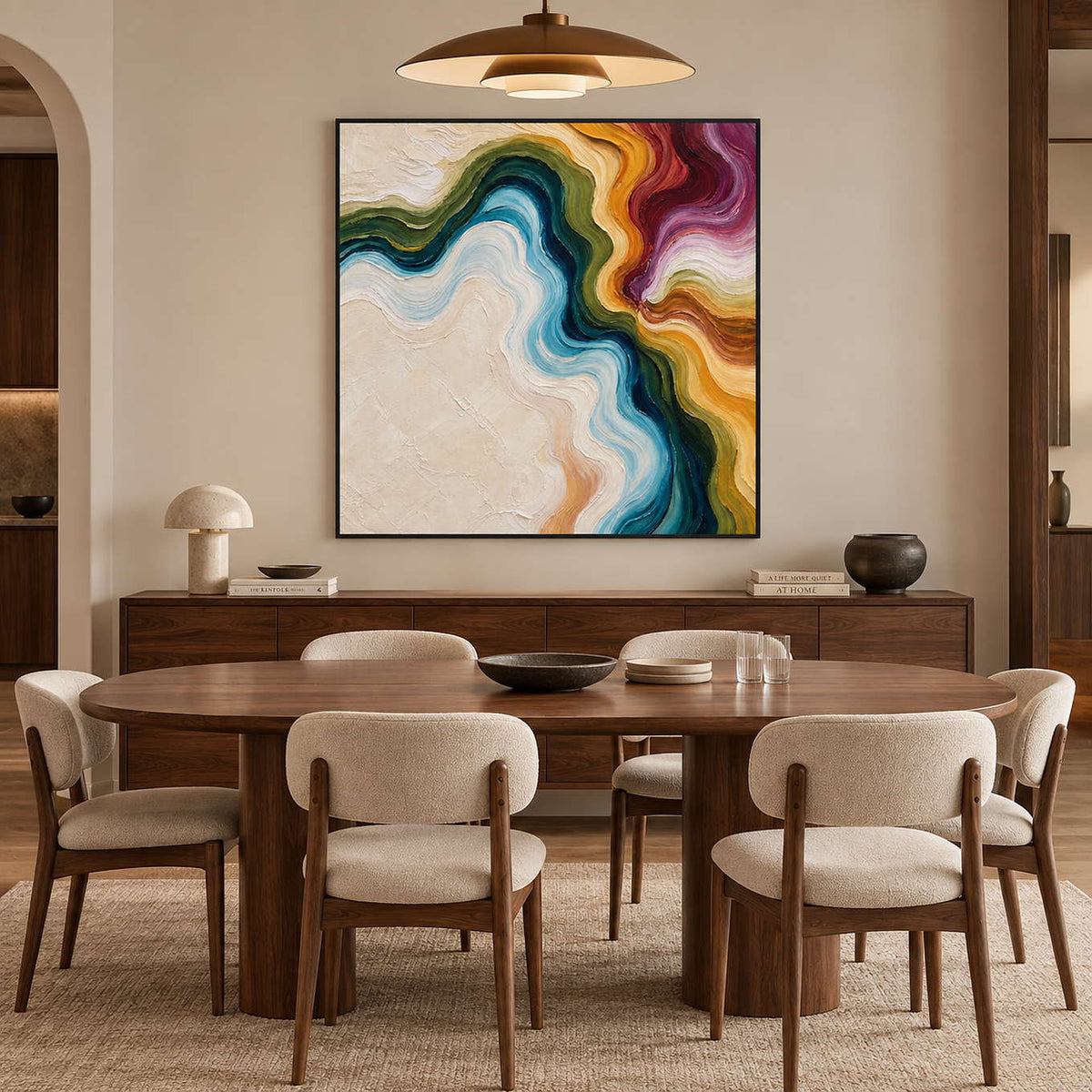 Square multicolored abstract above a dark wood sideboard and oval dining table.