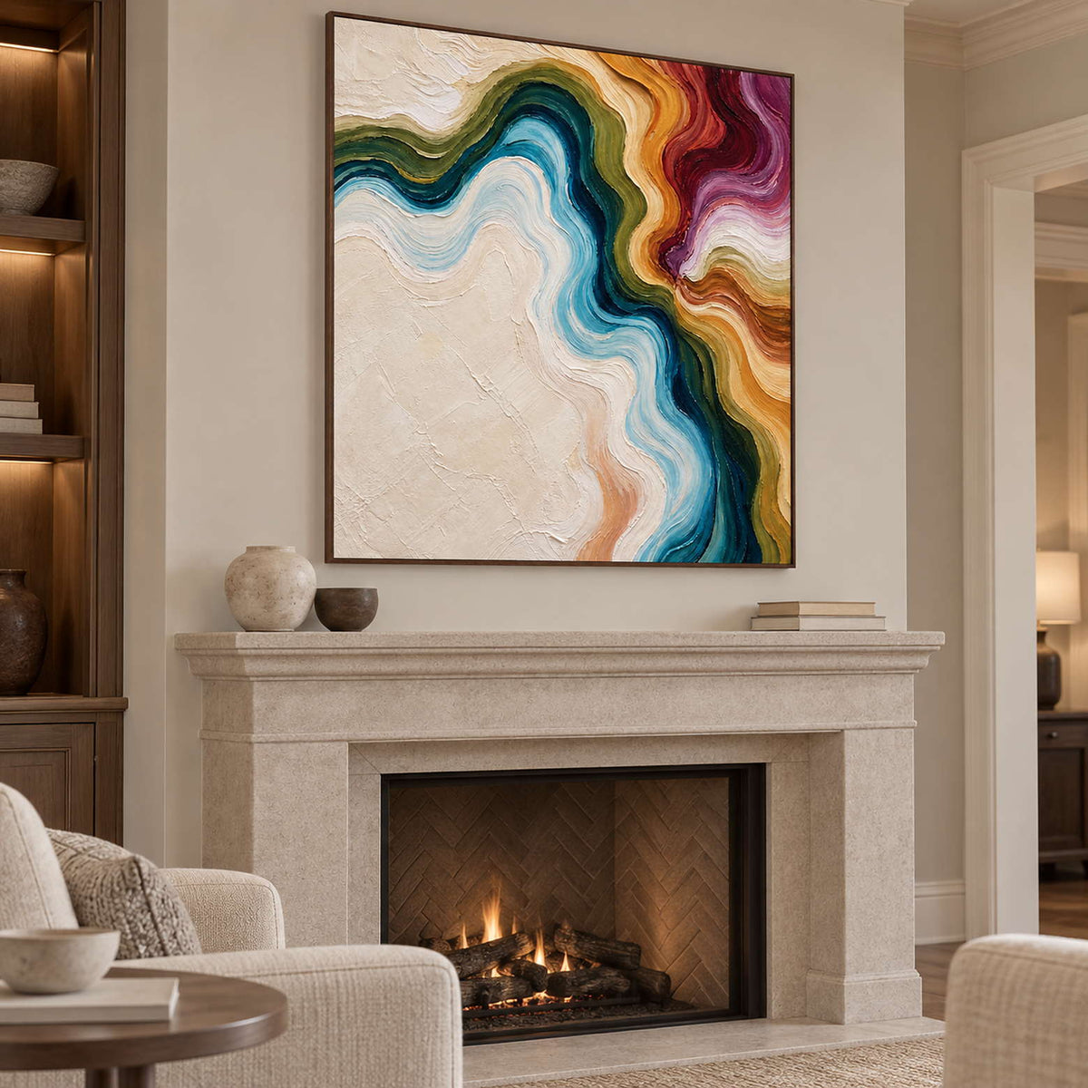 Square flowing abstract in a wood-toned frame above a pale fireplace.