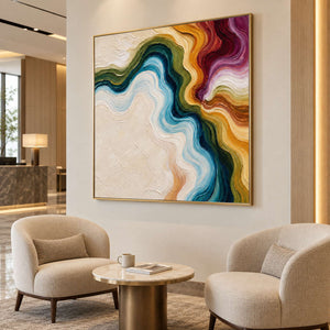 Colorful abstract above two rounded cream chairs and a small round table.