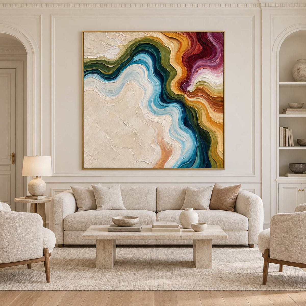 Colorful curving abstract above a cream sofa between pale built-in arches.
